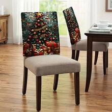 1 Stück/4 Stücke/6 Stücke/10 Stücke Weihnachtsbaum Plüsch Stuhlbezug, Muster mit Weihnachtsbaum dekoriert mit roten & goldenen Ornamenten, goldenem Stern an der Spitze und goldenem Band - Verschiedenfarbig - Übersicht 2