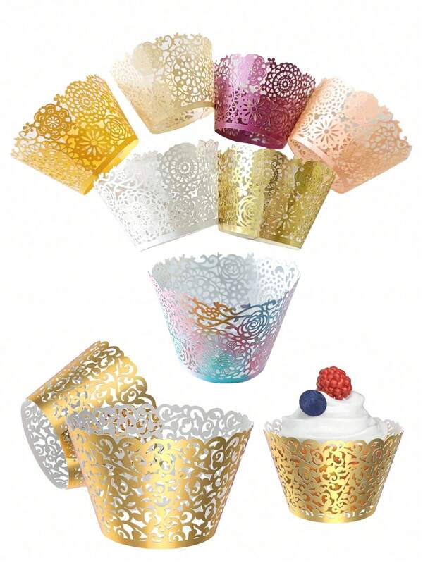 50 قطعة غطاء كب كيك مخصص بقص الليزر للذهبي والفضي للزفاف ، صناديق ورق كب كيك للمعجنات والحفلات ولأعياد الميلاد (ذهبي ساطع)، عيد الميلاد