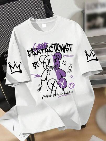 1 pezzo Maglietta a maniche corte con stampa di orso graffiti scuri per ragazzi, comoda e traspirante, abbigliamento casual estivo quotidiano