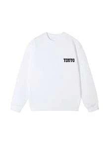 Women's Autumn/Winter New Simple Tokyo Japanese Car Print Streetwear Casual Everyday Versatile Fit White Crew Neck Ribbed Sweatshirt