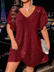 Plus Size Women's Summer Sequin Petal Short Sleeve Loose Straight Dress