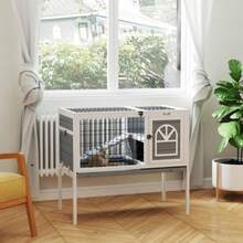Wooden Rabbit Hutch, Guinea Pig Cage, With Removable Tray, Openable Roof, - Grey + Wood - View 3