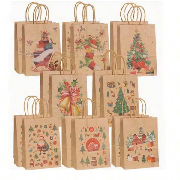 8/12/24pcs/Set Christmas Gift Bags, Kraft Paper Gift Bags, Exquisite Pattern Printing Suitable For Christmas Holidays, New Year Gifts Packaging, Christmas Holiday Gift Decoration Packaging