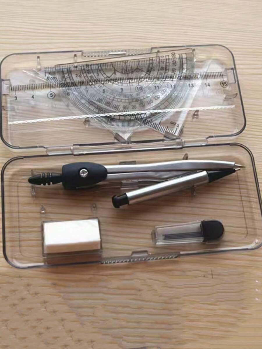1 Set Compass Set, Includes Ruler, Automatic Pencil, Eraser, 7pcs Drawing Tools, Student Stationery, Suitable For Teaching And Student Drawing