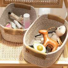 1pc Woven Oval/Round Shallow Storage Basket, Mini Cotton Rope Decorative Small Storage Box, Bathroom Organizer