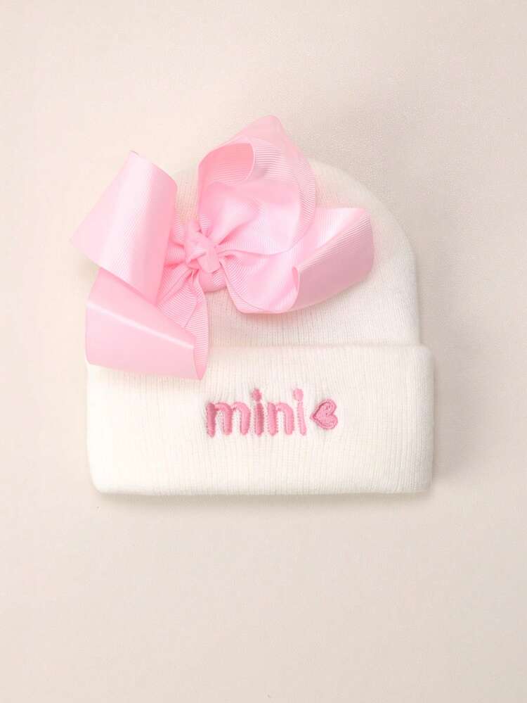 1 pieza Gorro de bebé con bordado de lazo, gorro, gorro de punto cálido y acogedor para niños, accesorio para exteriores, gorro de invierno para niña estilo Y2K de punto cálido y lindo para bebés y niños, gorro de bebé recién nacido negro - 1PC - Añade 16