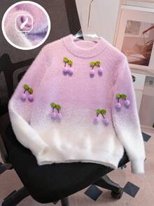 Girls' Cute Ombre Cherry Knit Sweater, Faux Fur Lined, Suitable For Daily, Vacation, Spring, Autumn, Winter