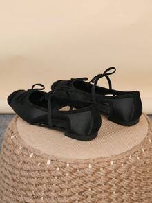 Women's Ballet Flats, Fashionable Square Toe Slip-On Soft Bottom Shoes, Versatile Flat Shoes, Black Hollow Flat Bowknot Loafers, Size Run Large, Plus Size 35-43