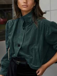 Women's 2025 New Arrival Elegant Mandarin Collar Short Jacket - Dark Green Relaxed Fit All-Season Versatile Coat, Machine Washable Casual To Semi-Formal Outerwear For Women, Jacket For Women, Casual Attire, Minimalist Design, Highquality Stitching, Fabric, Office Attire - Army Green - View 10