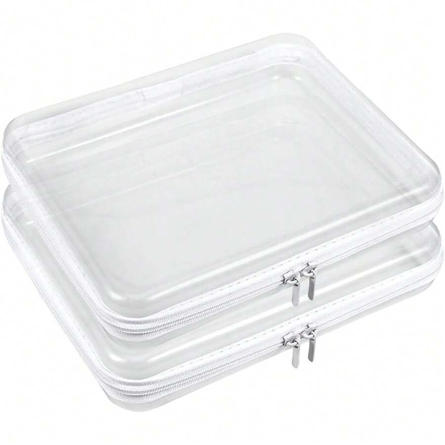 2 Pcs Clear Hard Shell Zipper Case, Portable Clear Zipper Pouches Hard Shell, Waterproof Plastic Transparent Storage Box Set With Double Zips For Cosmetic Stationery Toy Snack Storage
