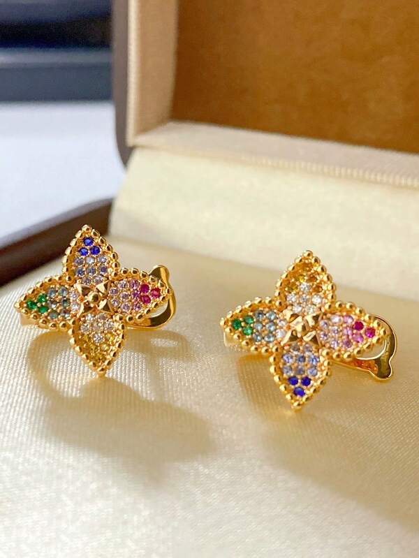 1 Paar elegante & luxuriöse, bunte Glücksklee Ohrringe mit kubischem Zirkonia in Gold für Frauen, geeignet für täglichen Gebrauch, Partys, Hochzeiten, Weihnachtsschmuck und Geschenke