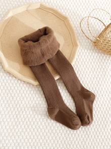 1/7 件女童纯色保暖紧身裤，保暖内衬，适合 5°C 以下，秋冬季休闲竖条纹打底裤