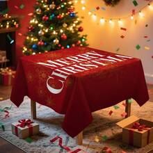 1pc Christmas Red & Gold Snowflake Letter Rectangular Tablecloth, Holiday Dining Table Decor, Suitable For Family Gatherings, Living Room, Dining Room, Christmas Themed Events, Durable Polyester Fabric