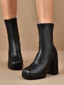 JIAOFEITI Women's Autumn And Winter Ankle Boots With Chunky Heel, Square Toe, Waterproof Platform And Mid-Calf High Heeled Boots, Versatile And Elegant - Black - View 9