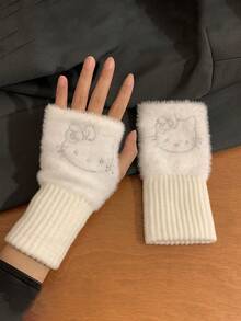Sanrio 1 par de guantes sin dedos de felpa de Sanrio Hello Kitty, guantes sin dedos de imitación de visón para mujeres, decoración de brillantes de rhinestone, lazo de Hello Kitty con rhinestones brillantes, cálidos y lindos guantes abiertos de los dedos a prueba de frío, guantes de invierno elásticos y cálidos para mujeres, diseño de dibujos animados lindo adecuado para salidas diarias y clima frío, textura suave