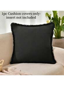 1pc Black (Without Pillow Insert) Tasseled Throw Pillow Cover, Farmhouse Style Soft Washed Fabric Decorative Cushion Cover With Fringe - Black - View 2