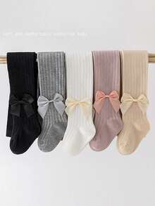 5pcs Baby Girls' Striped Tights With Bow Decoration, Simple Style For Outdoor Activities In Spring And Autumn