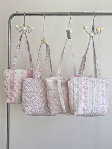 1 pièce Sac à main matelassé à motif floral, sac à bandoulière de voyage, sac fourre-tout à nœud et motif floral, sac de voyage à la mode, sac de courses, sac d'école, sac à déjeuner, grande capacité, sac de rangement pour aliments et fruits, boîte à déjeuner, pochette à bento, sac non isolant pour dîner, joli sac à déjeuner