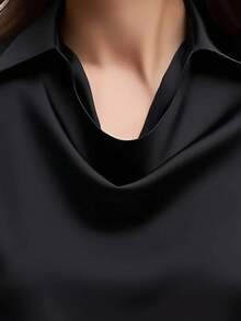Elegante camiseta de cuello drapeado de satén blanco - 100% poliéster, lavable a máquina, adecuada para uso casual y profesional, cómoda todo el año, rosa primaveral - Negro - Ver 7