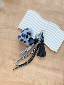 Leopard Print Fur Pom Pom Tassel Braided Rope Bag Charm, Bag Pendant Car Accessories For Woman