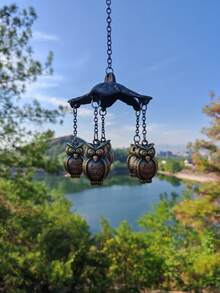 1pc Zinc Alloy Owl Hanging Decor, Cast Iron Wind Chime Cover, With Decorative Chain, Outdoor Garden Ornament, Suitable For Home, Yard And Wall Decor - Bronze - View 4