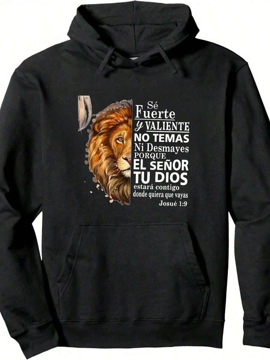 LION GRAPHIC HOODIE Unisex Inspirational Quote Print Sweatshirt Fuerte Y Valiente Design Pullover Tops Women Men Casual Streetwear - 黑色8 - 查看 1