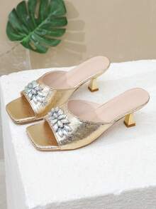 Giày cao gót hở mũi thời trang và thanh lịch dành cho nữ, màu đen, trắng, họa tiết hoa, ren, dép lê gót nhọn, hàng mới về mùa xuân/hè, thích hợp cho đám cưới ngoài trời, tiệc tùng, ở nhà, dép đi trong nhà gợi cảm. - Vàng - Xem 3