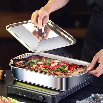 1pc Stainless Steel Baking Tray With Lid, Rectangular Design With Sturdy Handles, Suitable For Baking Cookies, Roasting Fish, Stir-Frying, And Baking - Easy To Clean, Suitable For Commercial And Home Kitchens, Baking Tray | Stainless Steel Baking Tray | Durable