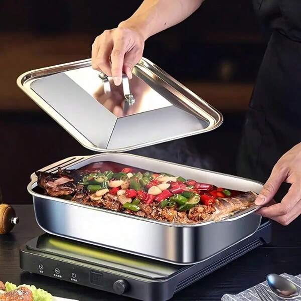 1 Pieza Bandeja para hornear de acero inoxidable con tapa, bandejas de horno rectangulares con asas resistentes, para galletas, pescado, salteados, asados - Uso fácil de limpiar en cocina comercial y doméstica, Bandeja para hornear | Sartén de acero inoxidable | Construcción duradera