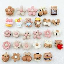 30pcs Cartoon Resin Brown Bear & Flower Random Pattern Decor Set, Suitable For Wooden Shoes And Sandals, Durable, Whimsical Design Perfect For Girls Party Gifts And Creative Gifts