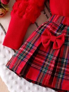 3 件套女婴红色泡泡袖上衣、蝴蝶结装饰格子裙和帽子、休闲装/演出服套装 - 紅色 - 查看 7