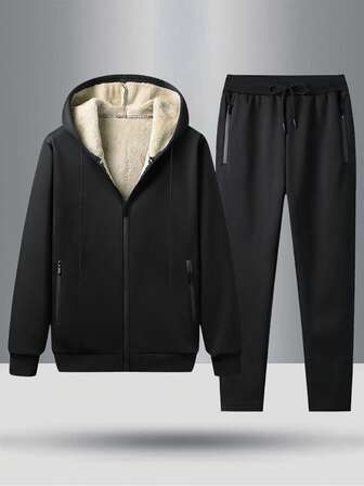 Teen Boys Autumn/Winter Fashion Solid Color Classic Side Zipper Pocket Hoodie Jacket And Elastic Waist Straight Leg Pants Outdoor Suit, Thermal Lined Thick Hooded Outfit