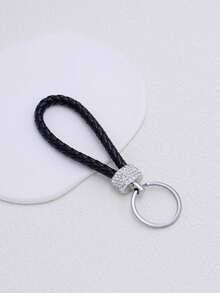 1pc Rhinestone Decor Simple Key Chain, Braided Leather Cord Key Holder Christmas Gift
