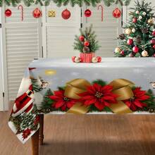 1pc Christmas Snowman & Sleigh "Merry Christmas" Tablecloth, Holiday Scene Decor, Durable Polyester Tablecloth Suitable For Daily Family Gatherings, Living Room, Dining Room, Christmas Themed Events