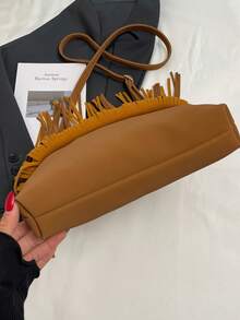 Large Capacity Fringed Rivet Decorated Envelope Bag, Fashionable American Style Crossbody Bag, Versatile Ins Shoulder Bag - Brown - View 11