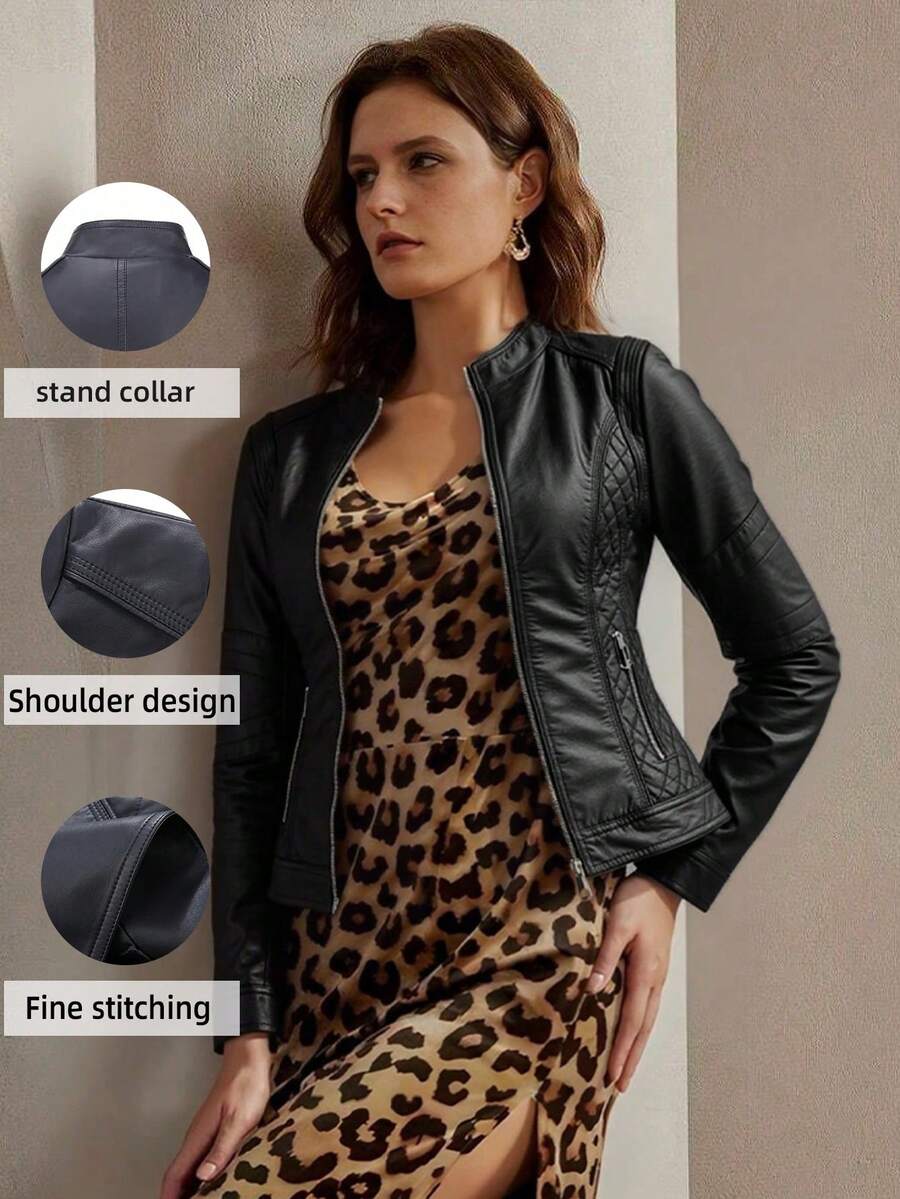 女士PU皮夹克 - 优雅简约的秋季风格，配有腰带、口袋和拉链，是一款女士冬季皮夹克