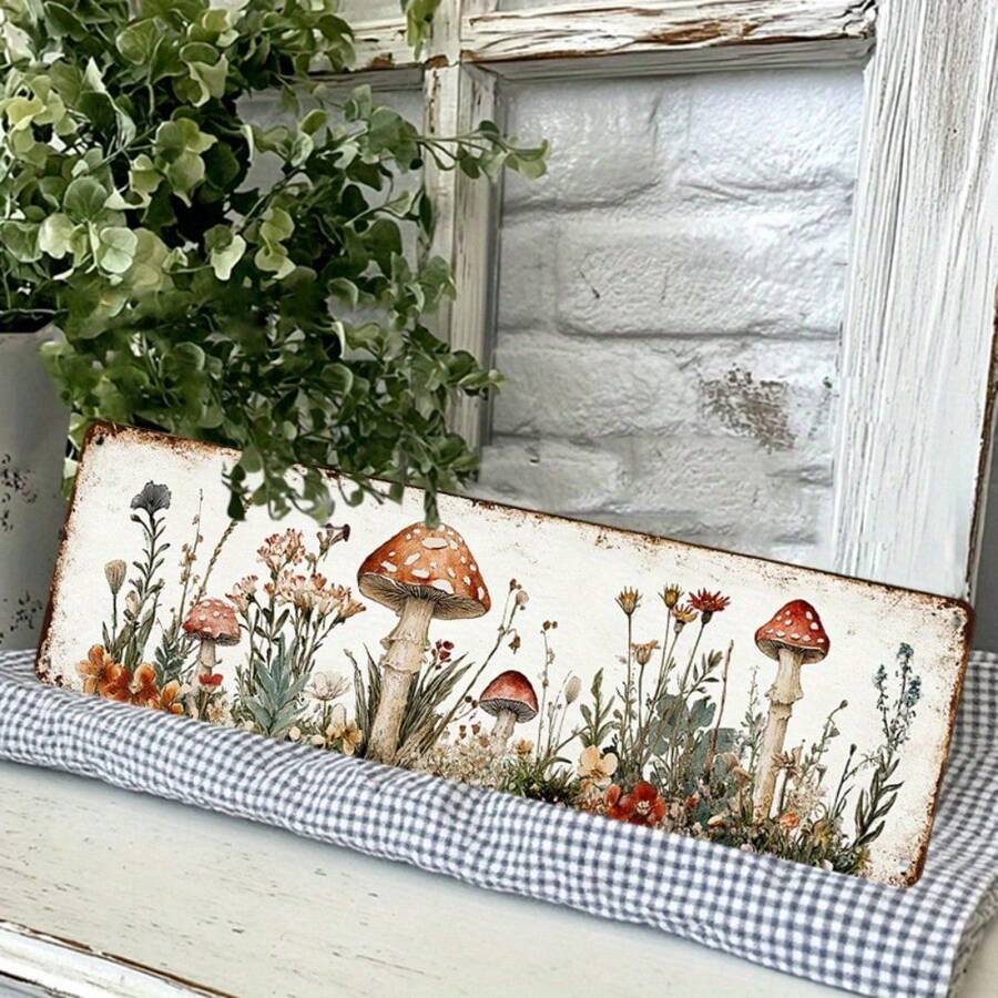 2D Flat, 2D Vintage Aluminum Mushroom And Wildflower Wall Art - Rustic Metal Sign With Mushrooms, Flowers, And Butterflies, Perfect For Home, Bar, Cafe, Garage Decor, Mother'S Day, Father'S Day, Graduation, Lei Day, Cafe Wall Decor|Rustic Wall Art|Durable Wall Sign, Mushroom Decor - 彩色 - 查看 1