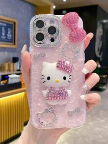 Sanrio 1 buc Carcasă de telefon roz cu stras Hello Kitty, cu fundă mare și diamant, acoperire completă, de lux pentru femei, TPU, rezistentă la șocuri, pentru iPhone 11/12/13/14/15/16/17 Pro Max