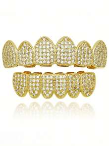 2 piezas/1 pieza Dientes Grillz de Cobre con Circonita, Estilo Hip Hop Unisex, Adecuado para Fiestas, Cosplay - Multicolor - Ver 5