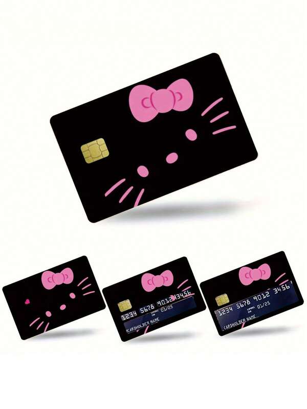 4pcs Hello Kitty & Friends Black Card Skins, Cute Cartoon PVC Card Cases, Simple Style With Color Block Detail, Non-Braided, Easy To Apply Self-Adhesive Covers For Credit And Debit Cards