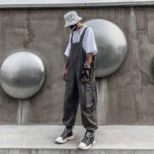 Street Style Men's Vintage Loose Casual Plus Size Hip Hop  Cargo Pants Suspender Jumpsuit Men's Set - màu đen - Xem 4