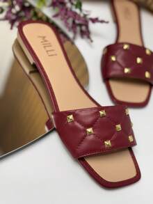 Renata Milli Milli Elegant Women's Flat Beach Sandals Elegant PU Appliques Spikes Studs Beach Summer - 紅木色 - 查看 2