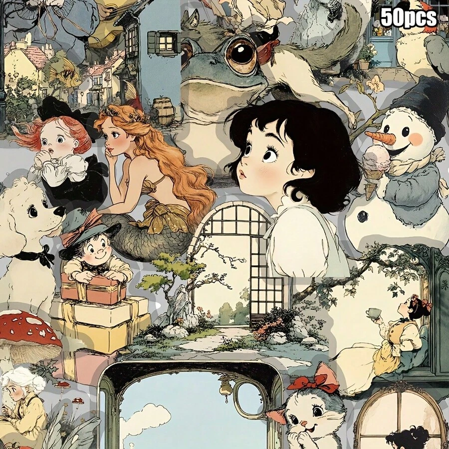 [50pcs Anime Stickers] 50pcs Vintage Anime-Inspired Stickers | Colorful Character Designs, Polyethylene Terephthalate, Perfect For Laptops, Scrapbooks, And Room Decor, DIY Creative Stickers For Youngsters