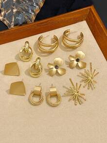 6pcs/Set Vintage Minimalist C-Shaped Multi-Layer Petite Geometric Metal Stud Earrings Set, Versatile For Daily And Holiday Wear - Multicolor - View 9