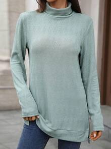 Womens Knit Tops Fall Long Sleeve Turtleneck Solid Color Slit Hem Casual Pullover Sweater - Green - View 4