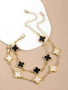 2pcs/Set Classic Black & White Four-Leaf Clover Design Bracelet Set