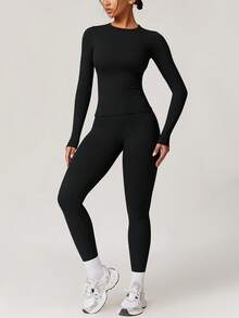 NcmRyu 1套女士弹力紧身简约圆领提拉塑身性感健身瑜伽户外运动套装 - 黑色 - 查看 7