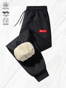 1pc Men's Casual Winter Wool Warm Pants, With Drawstring And Two Pockets Printed Design, Elastic Leg Cuffs, Windproof And Warm Outdoor Pants