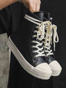 Teenagers' High-Top Lace-Up Canvas Sneakers, Thick Sole, Casual Versatile Couple Shoes