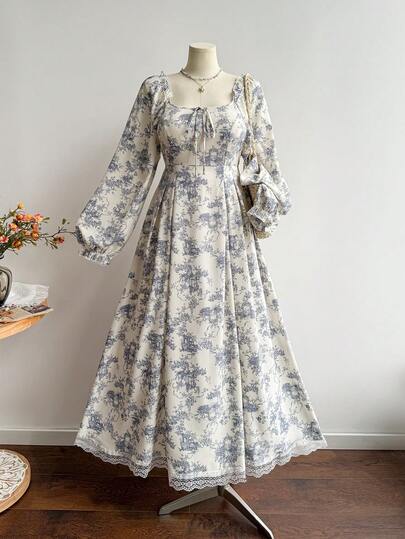 Rusttydustty 女士浪漫法式乡村风格印花长袖连衣裙，收腰设计，适合网络星期一、圣诞节、感恩节和新年等节日派对穿着。